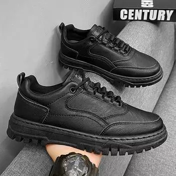Casual Sneaker Round Toe Casual Shoes Men s Work Loafers Leather Non-slip Fashion Men s Autumn Sneakers Platform Sports Shoes 39 чёрный