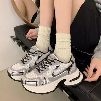 Casual Sneakers Women Shoes 2024 New Synthetic Leather Mixed Colors Thick Sole Lace-up Mesh Breathable Ladies Sports Shoes 35 бежевый