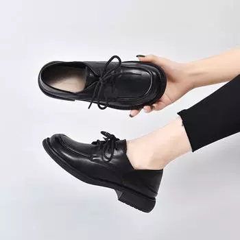 Casual spring new lace-up thick heel single shoes first layer cowhide one shoe two wear leather shoes 35