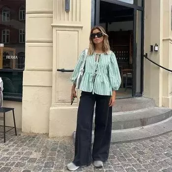 Повседневная полосатая женская рубашка на шнуровке, модная, с длинным рукавом, круглым вырезом, бантом, свободные рубашки, весна-лето, ажурная женская верхняя одежда S синий