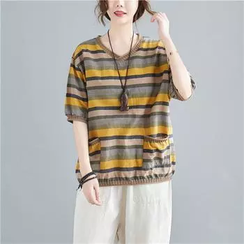 Повседневная женская футболка свободного кроя из хлопка и льна с V-образным вырезом, свободным рукавом и бретелями, свободный и универсальный топ ONE SIZE жёлтый