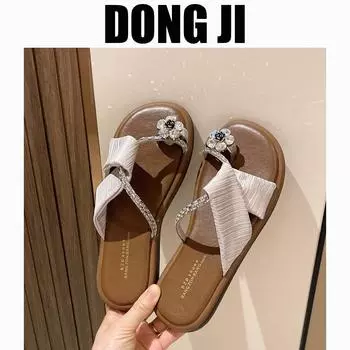 Casual temperament cool slippers women s outer wear 2025 summer new rhinestone flower cross set toe pedal soft-soled slippers 35 чёрный