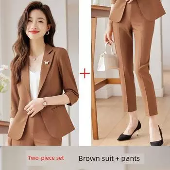 Casual Temperament Goddess Style Striped Thin Suit Brown Outwear + Cropped Pants 4XL