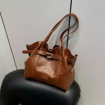 Casual Tote PU Pleated Zipper Top Handle Bags Large Size Personality Retro Feeling Advanced Quality Bags