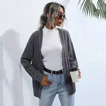 Casual Trend Versatile Autumn Long Section Solid Color Knitted Mori Twist Sweater Coat Women S темно-серого