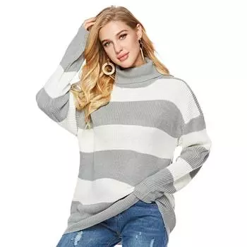 Повседневный женский свитер с высоким воротом, толстый, с круглым вырезом, мягкий, свободный, в полоску, осенне-зимний женский свитер с длинным рукавом S белый