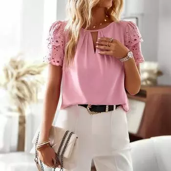 Casual Vacation Style Embroidered Short-sleeved Women s T-shirt for Summer S розовый