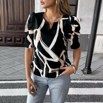 Casual Vacation Style Printed Mid-sleeved Small Shirt Women s Wear for Summer S абрикосовый/чёрный