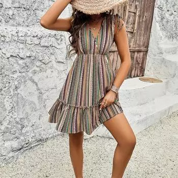 Casual Vacation Style Printed V-neck Women s Short Skirt Dress for Spring and Summer S зелёный/жёлтый