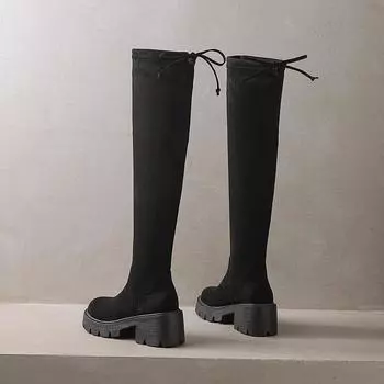 Casual versatile boots 2025 new large size autumn round head rear strap thick heel solid color women s fashion boots 35 чёрный