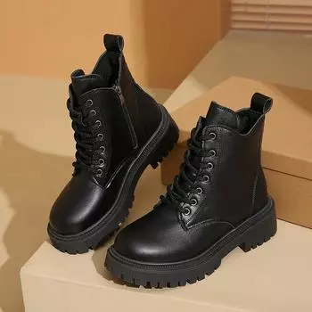 Casual versatile low tube 2024 new large size winter round head side zipper thick heel solid color women s Martin boots 35