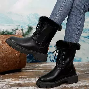 Casual versatile Mao Mao 2024 new large size winter round head front strap thick heel solid color women s Martin boots 35 чёрный