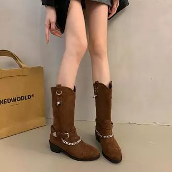 Casual versatile medium boots 2024 new large size autumn round head chain thick heel solid color women s fashion boots 35