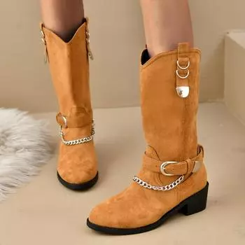 Casual versatile medium boots 2024 new large size autumn round head chain thick heel solid color women s fashion boots 35 чёрный