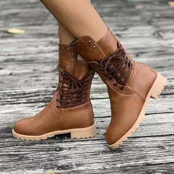 Casual versatile medium boots 2025 new large size autumn round head rear zipper thick heel solid color women s fashion boots 35 чёрный
