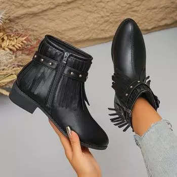 Casual versatile single boots 2024 new large size autumn round head fringed thick heel solid color women s Martin boots 36 темно-коричневого