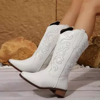 Casual versatile single boots 2024 new large size autumn pointed French thick heel embroidered women s Martin boots 35 коричневый