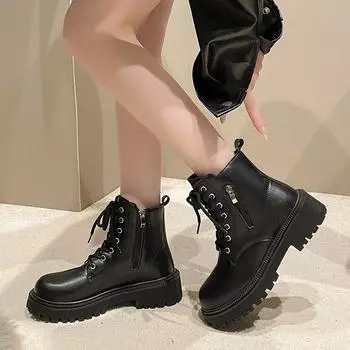 Casual versatile single boots 2024 new large size autumn round head British style solid color women s Martin boots 35