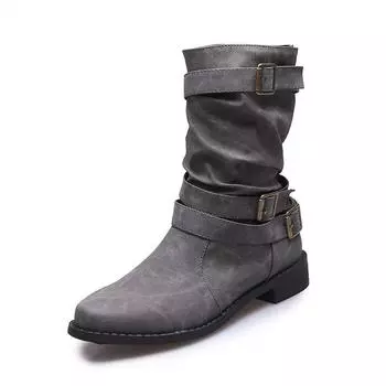 Casual versatile single boots 2025 new large size autumn pointed French thick heel double buckle belt Martin boots women 35 серый