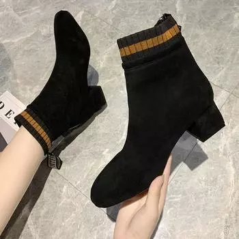 Casual versatile single boots 2025 new large size spring and autumn square head rear zipper thick heel low tube women s Martin boots 35 чёрный