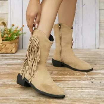 Casual versatile single boots 2025 new large size autumn pointed French thick heel fringed women s Martin boots 35 чёрный