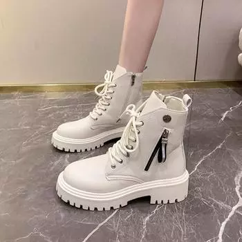 Casual versatile single boots new large size autumn round head grid solid color women s Martin boots 35