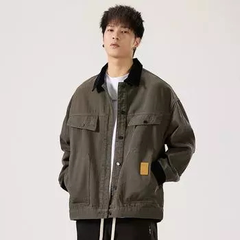 Повседневная выстиранная вельветовая куртка с джинсовыми вставками, мужской топ свободного кроя с длинным рукавом, универсальная джинсовая куртка с лейблом для мужчин S коричневый