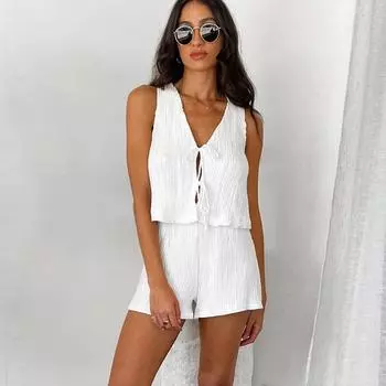 Casual White Bubble Crepe Women s Loose Shorts Set V Neck Sleeveless Lace Up Vest Suit 2025 New Summer Lady High Streetwear S белый