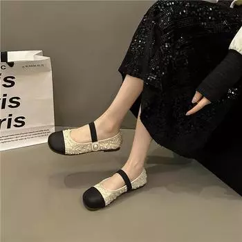 Casual Woman Shoe Female Footwear Loafers with Fur Elegant Round Toe Soft Summer Glitter Moccasin Big Size Dress Slip-on PU Lace 35 чёрный