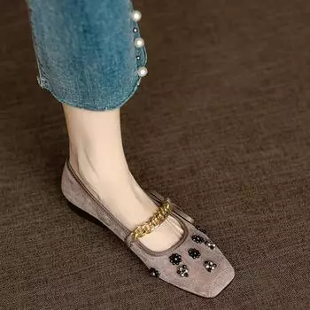 Casual Woman Shoe Square Toe Metal Chain Female Footwear Low Heels Pearl Decorateion Soft Retro Buckle Dress Beading New 35