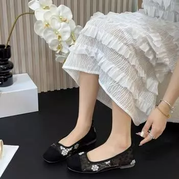 Casual Woman Shoe Tennis Female Round Toe Flats Soft Breathable Dress Comfortable Grandma Summer Cotton Fabric Leisure Fretwork 35 чёрный