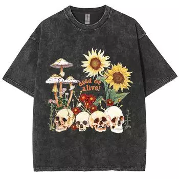Casual Women Cotton Washed T-Shirt Summer Skull Head Sunflower Print Tees Street Oversize Tops O-Neck Clothes S