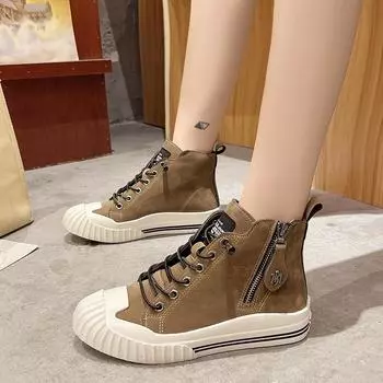 Casual Women High-top Sneakers Autumn 2024 Fashion Flat Sports Shoes Female Black Lace Up Platform Leather Boots Zapatos Mujer 35 чёрный