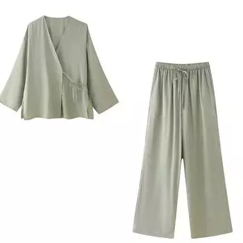 Повседневный женский костюм с поясом, V-образным вырезом, шнуровкой, длинными рукавами, пальто, широкие брюки, комплекты, женский летний осенний наряд XS