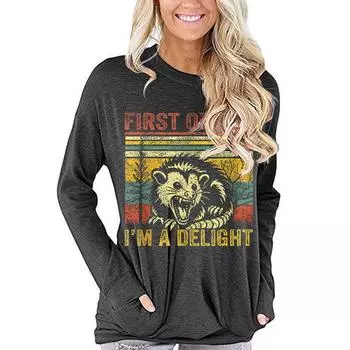 Casual Women T Shirts Fashion Women Funny Opossum Graphic Tops Tshirt Long Sleeve Female Tee Shirt Ladies T-shirts Retro Clothes S