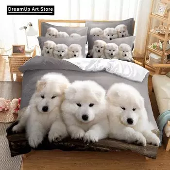 Комплект пододеяльника для кошки и собаки 3D-принт Милая животная тематика Постельный комплект Набор для кровати Пододеяльник Наволочка Полуторный Односпальный Двуспальный Кинг-сайз EU Single 90x200cm