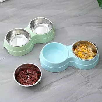 Cat and Puppy pet Feeding Supplies Two bowls Dog food water Feeding bowl Stainless steel pet drinking dish Small dog accessories зелёный