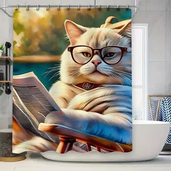 Cat Bath Curtain Reading Book Glasses Bathroom Decor Shower Curtain Home Decoration 90x180cm