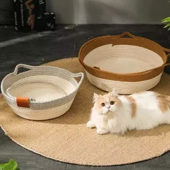 Cat Bed Pet Nest Pure Manual Rattan Woven Cattailgrass Cat Scratch Board Removable Washable Winter Warm Pad All-Season S