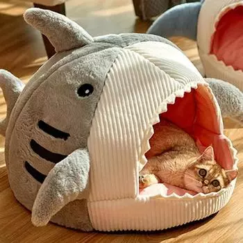 Cat Bed Semi-enclosed Warm Pet Beds Big Mouth Shark Dog Kennel Kittens Basket Cushion Cat House Tent Puppy Cave Cats Accessories S (38X35X32cm) серый