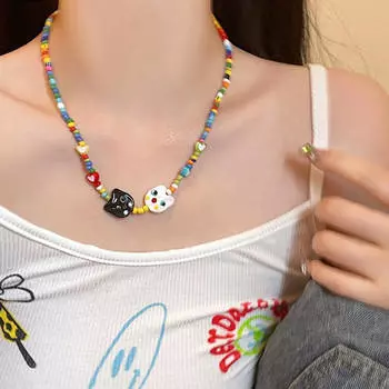 Cat~ Бисерное керамическое ожерелье в виде котенка, летняя женская ключичная цепочка, мультяшные аксессуары