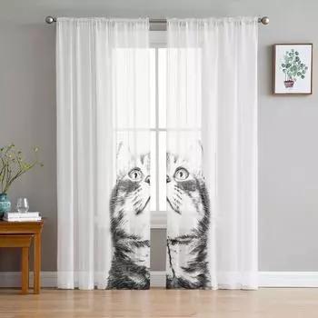Cat Black And White Illustration Sheer Curtains for Living Room Modern Voile Curtain Bedroom Tulle Curtains Window Drapes Decor W135 x H114cm