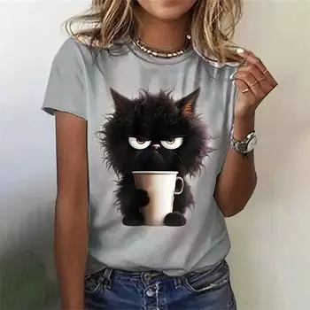 Cat Black Pattern T-Shirt For Women Funny Animal 3D Print T Shirts Summer Oversized Tees Short Sleeves Crew Neck Tops Streetwear S