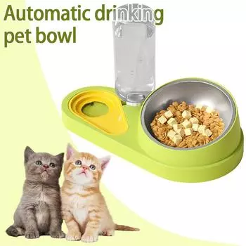 Миска для кошек Автоматическая миска для питьевой воды, миска для корма для кошек, миска для домашних животных из нержавеющей стали, наклонная горловина, миска для питья и воды зелёный