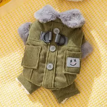 Cat clothes Autumn and winter corduroy four-legged cotton-padded clothes Thickened warm blue cat kitten puppy dog pet clothing XS (recommended weight 1-1.5kg)