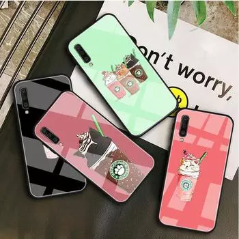 Cat Coffee Tempered Glass Case For Samsung Galaxy A10S A10E A20S A20E A30S A40 A50S A60 A70 A80 A90 A6 A7 A8 Cover Shell A10S