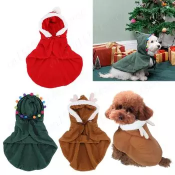 Cat Costume Cosplay Christmas Cat Outfit Pet Hooded Cape with Pompoms Cute Cat/Dog Pet Christmas Cloak for Cats Small Dogs S зелёный
