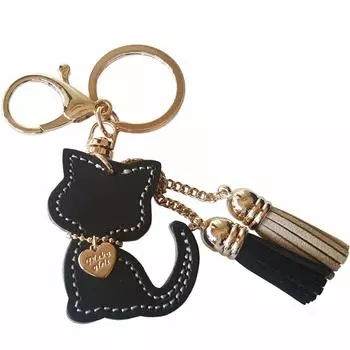 Cat Cowhide Leather Bag Cat Key Genuine Gift for Cat Lovers and Cat Cat [byDream] Keychain, Charm, Ring, Leather, Owners, Body 4.5cm (Black)