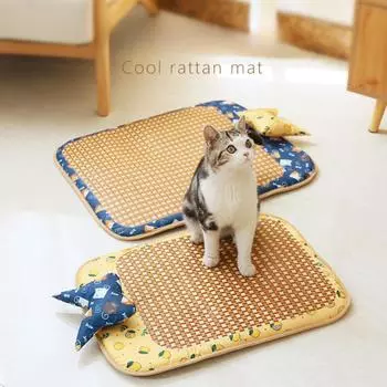 Cat Dog Summer Rattan Pad With Pillow Bite-resistant Ice Pad Pet Supplies Square Pet Sleeping Bed Bite Resistant Waterproof 40X35CM