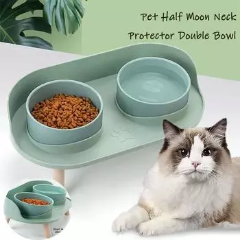 Двойные миски для кошек с защитой от наклона, шейная кормушка, нескользящая миска для воды для кошек, миска для корма для собак, регулируемая по высоте миска для животных 2 White bowl зелёный
